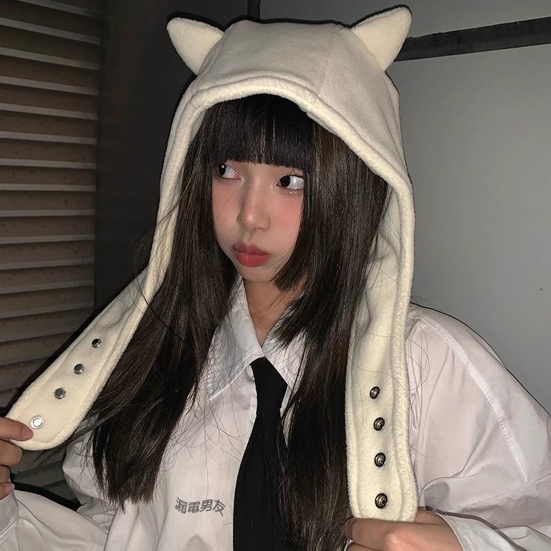 全新台灣現貨 米白色小惡魔帽子搞怪貓咪耳朵雷鋒帽亞比紐扣套頭帽-細節圖3