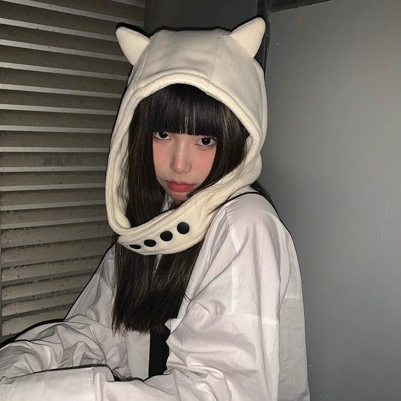 全新台灣現貨 米白色小惡魔帽子搞怪貓咪耳朵雷鋒帽亞比紐扣套頭帽-細節圖4