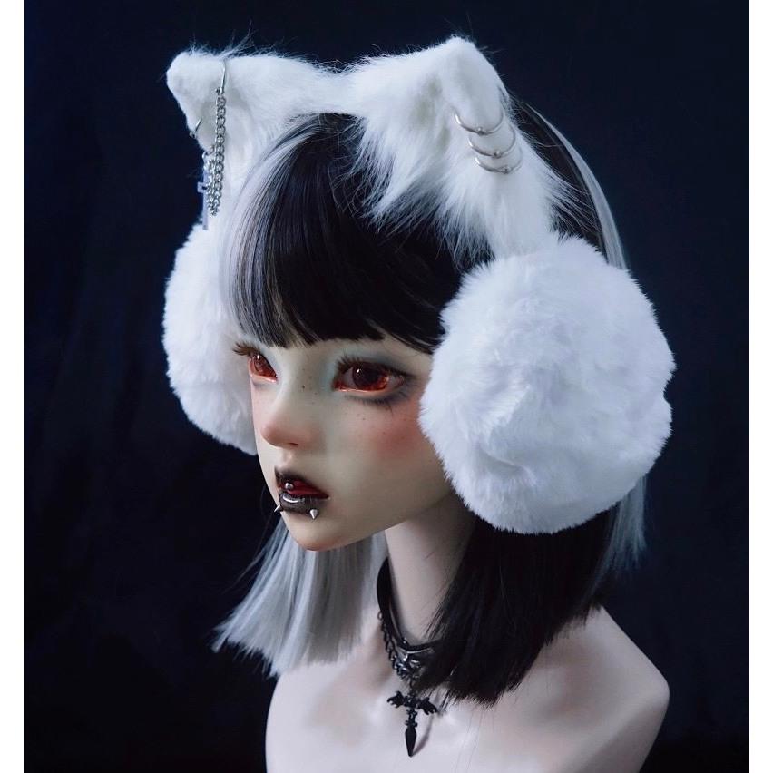 全新台灣現貨 毛茸茸十字鍊條 貓耳髮箍 貓耳耳套 秋冬保暖 白色-細節圖2