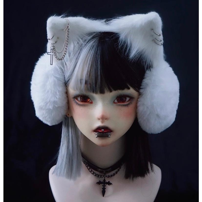 全新台灣現貨 毛茸茸十字鍊條 貓耳髮箍 貓耳耳套 秋冬保暖 白色-細節圖3