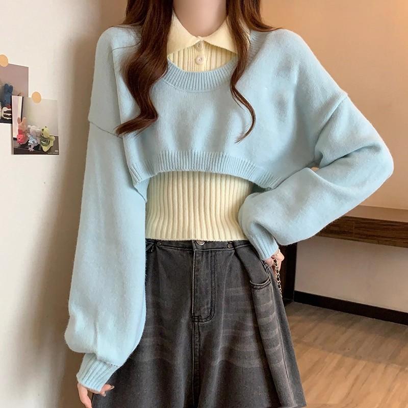 全新台灣現貨 法式慵懶 翻領無袖針織背心+水藍色外搭短版罩衫 兩件套-細節圖2