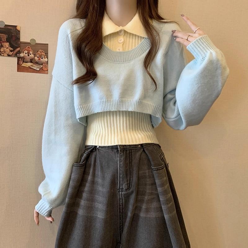 全新台灣現貨 法式慵懶 翻領無袖針織背心+水藍色外搭短版罩衫 兩件套-細節圖3