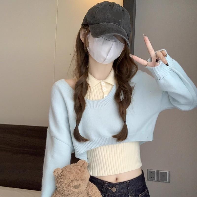 全新台灣現貨 法式慵懶 翻領無袖針織背心+水藍色外搭短版罩衫 兩件套-細節圖4