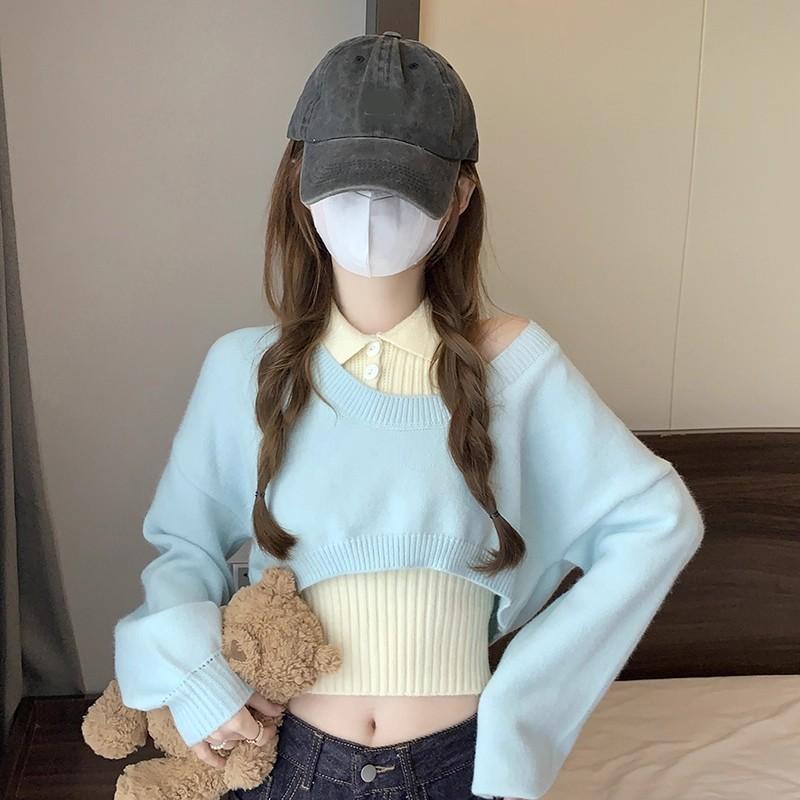 全新台灣現貨 法式慵懶 翻領無袖針織背心+水藍色外搭短版罩衫 兩件套-細節圖5