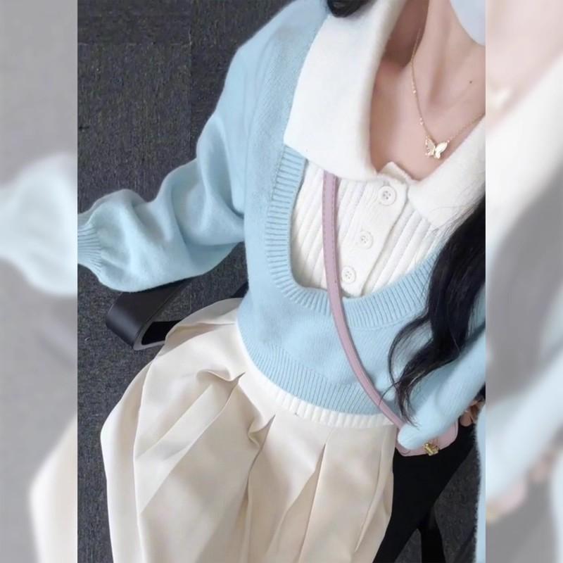 全新台灣現貨 法式慵懶 翻領無袖針織背心+水藍色外搭短版罩衫 兩件套-細節圖6