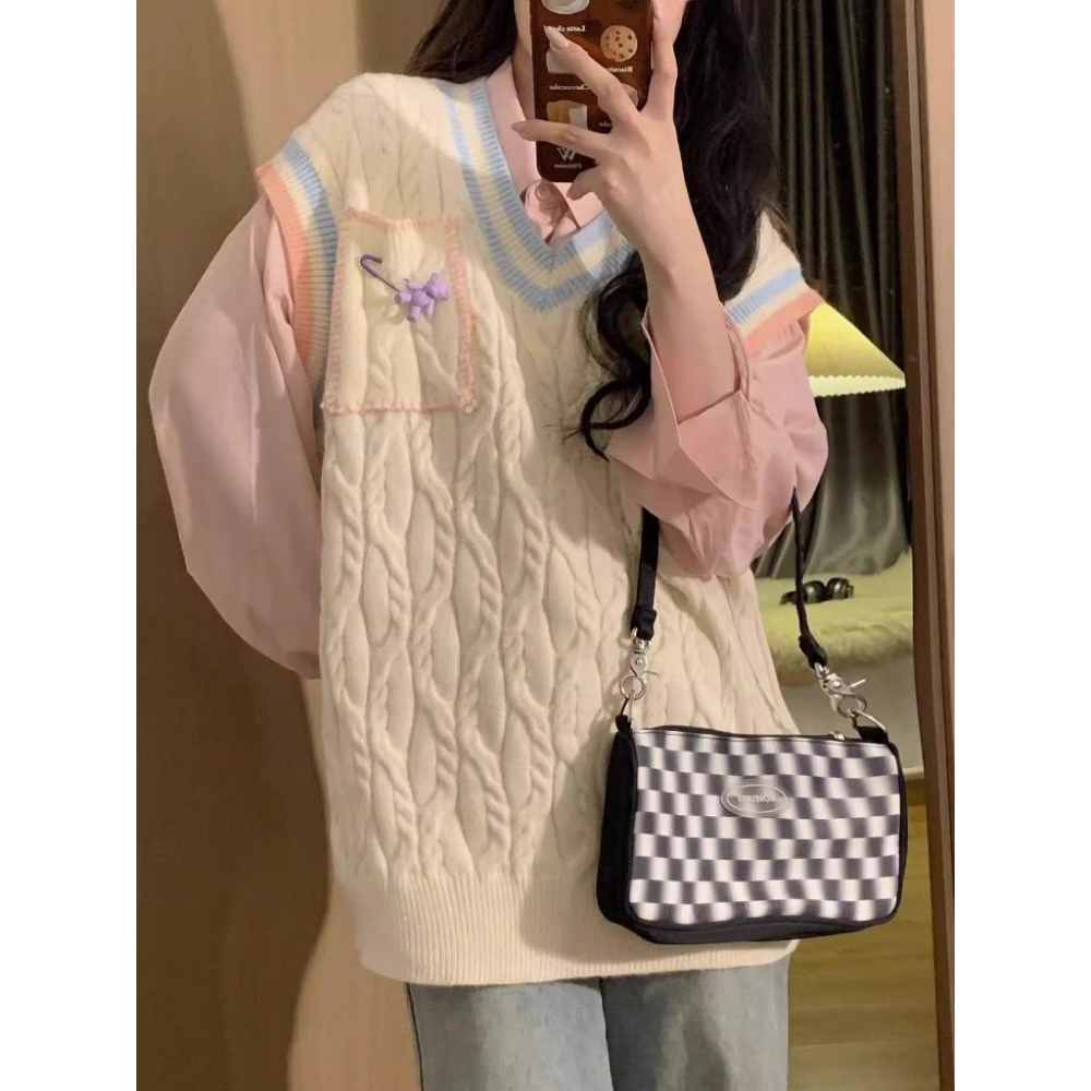 全新台灣現貨 學院風針織背心馬甲毛衣 寬鬆日系疊穿襯衫兩件套-細節圖2