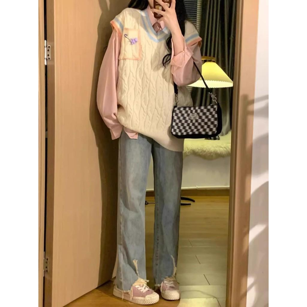 全新台灣現貨 學院風針織背心馬甲毛衣 寬鬆日系疊穿襯衫兩件套-細節圖3