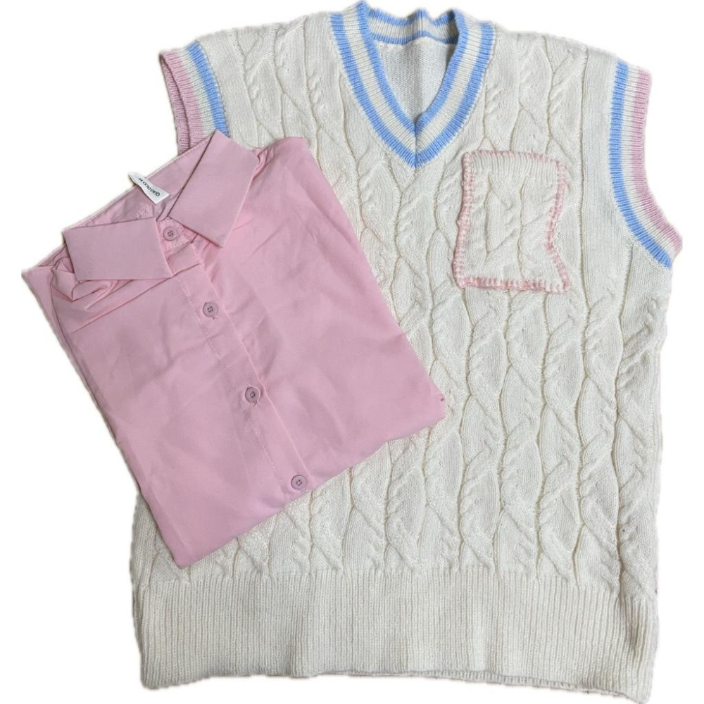 全新台灣現貨 學院風針織背心馬甲毛衣 寬鬆日系疊穿襯衫兩件套-細節圖4