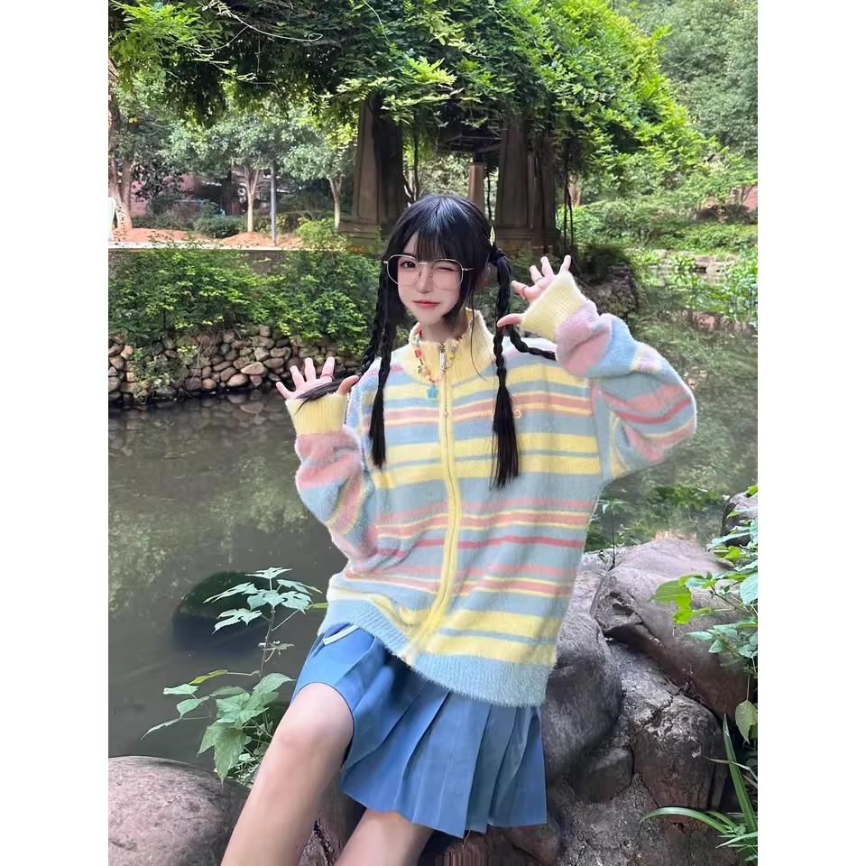 全新台灣現貨 多巴胺條紋彩虹開襟毛衣外套 馬卡龍慵懶色系-細節圖2