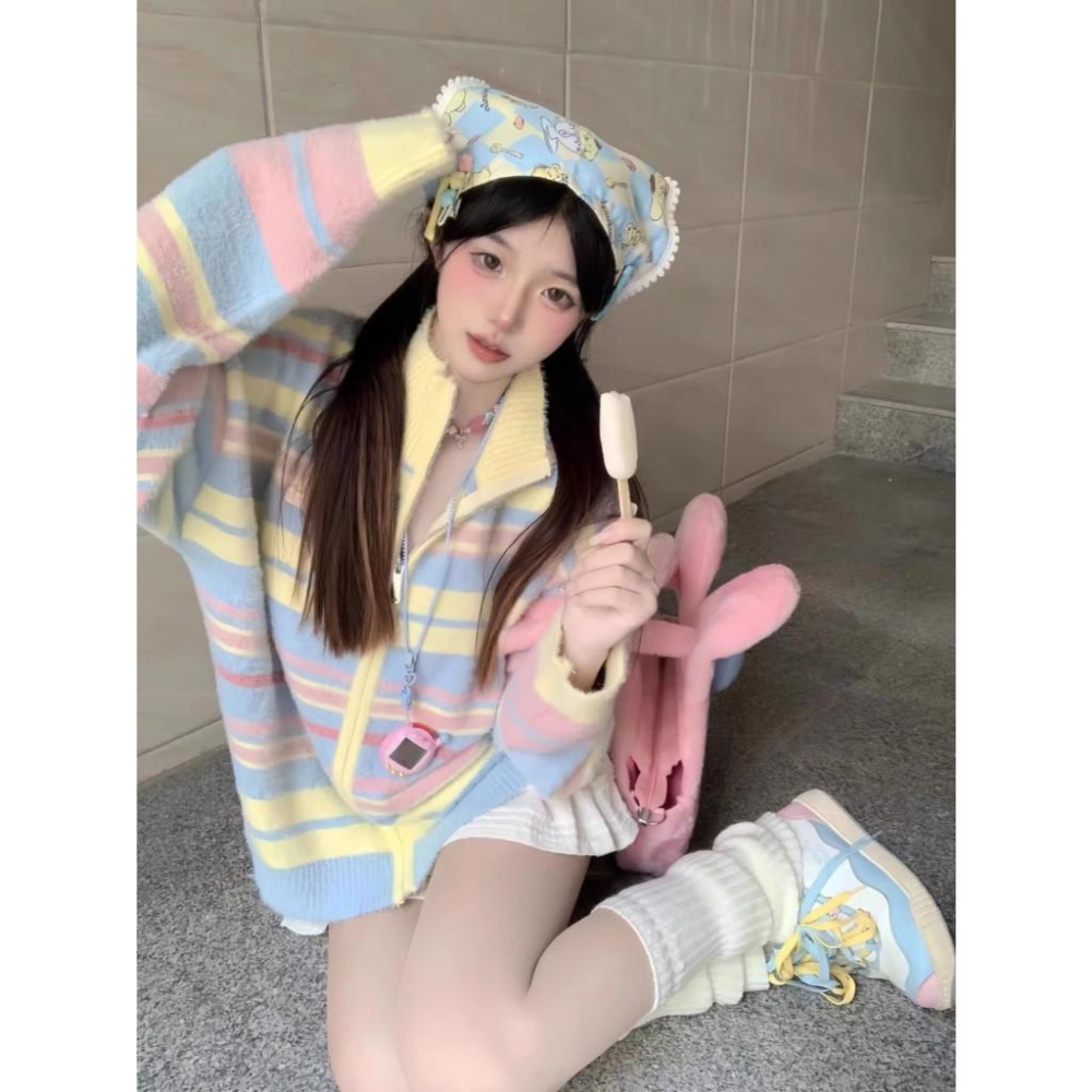 全新台灣現貨 多巴胺條紋彩虹開襟毛衣外套 馬卡龍慵懶色系-細節圖3