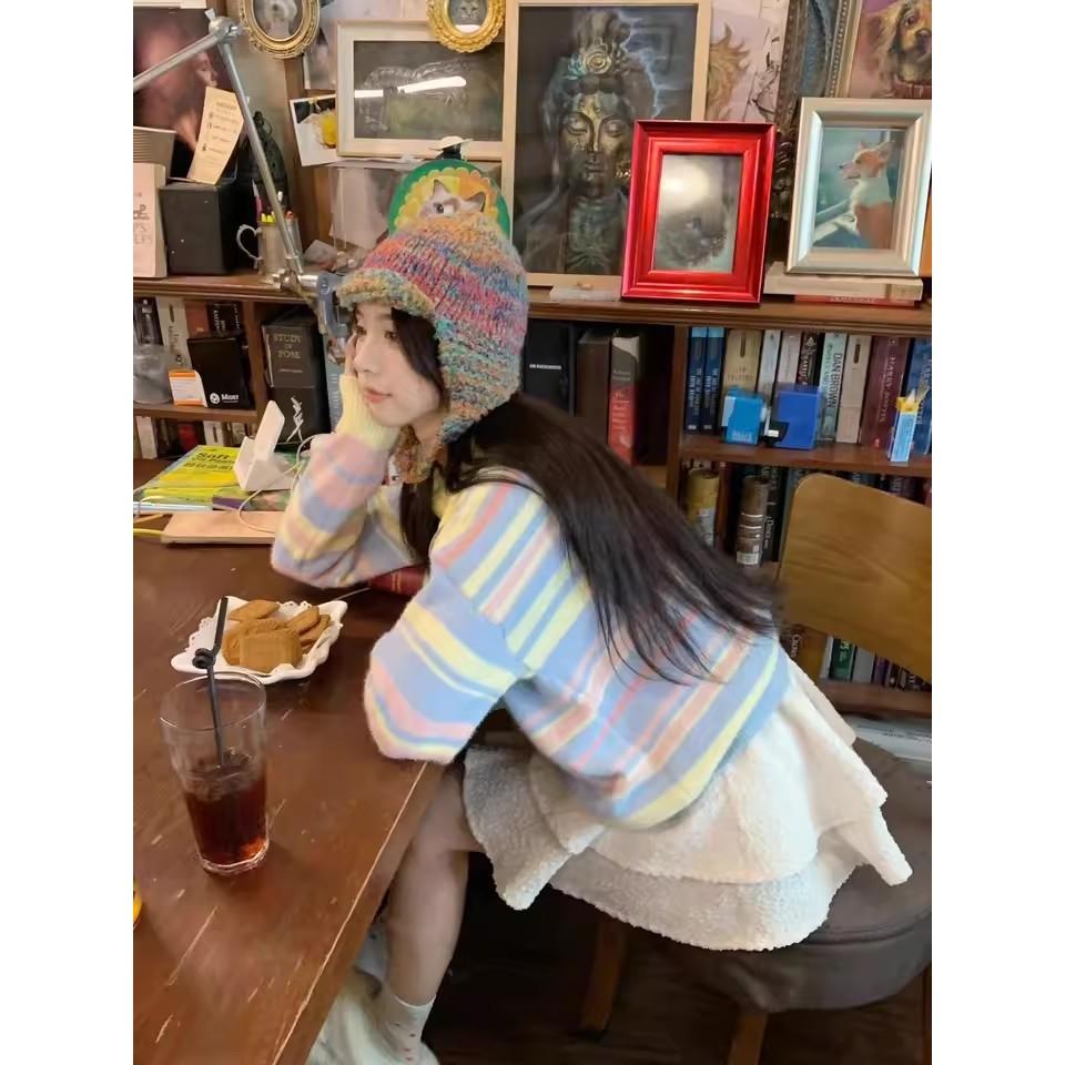 全新台灣現貨 多巴胺條紋彩虹開襟毛衣外套 馬卡龍慵懶色系-細節圖5