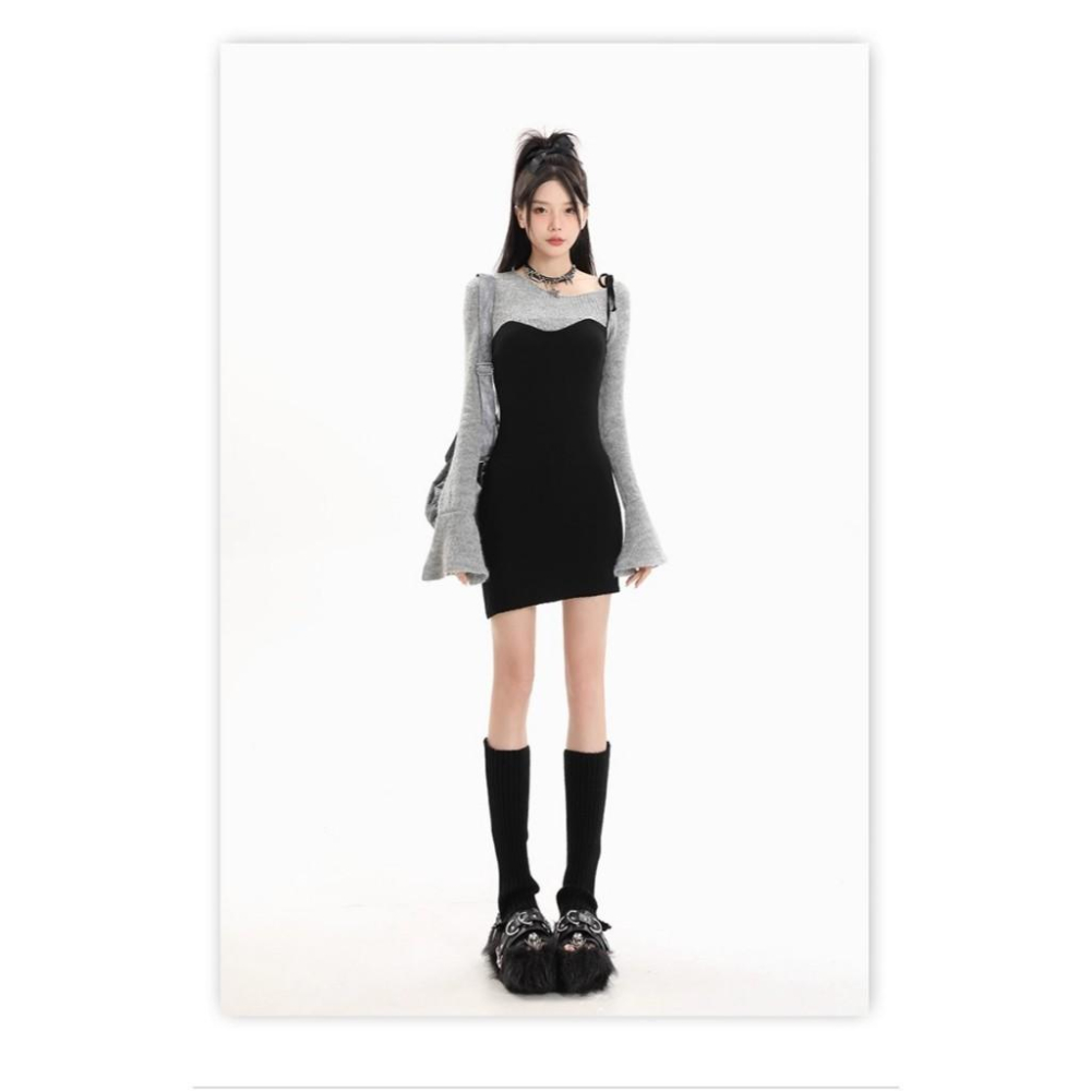 全新台灣現貨 甜辣風純欲辣妹毛衣黑色針織包臀裙高級感假兩件洋裝-細節圖2