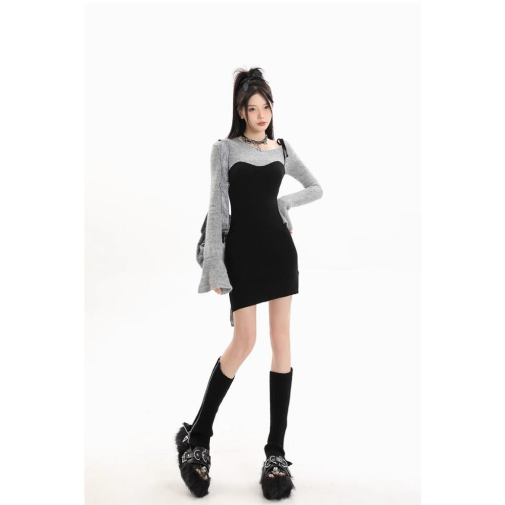 全新台灣現貨 甜辣風純欲辣妹毛衣黑色針織包臀裙高級感假兩件洋裝-細節圖3