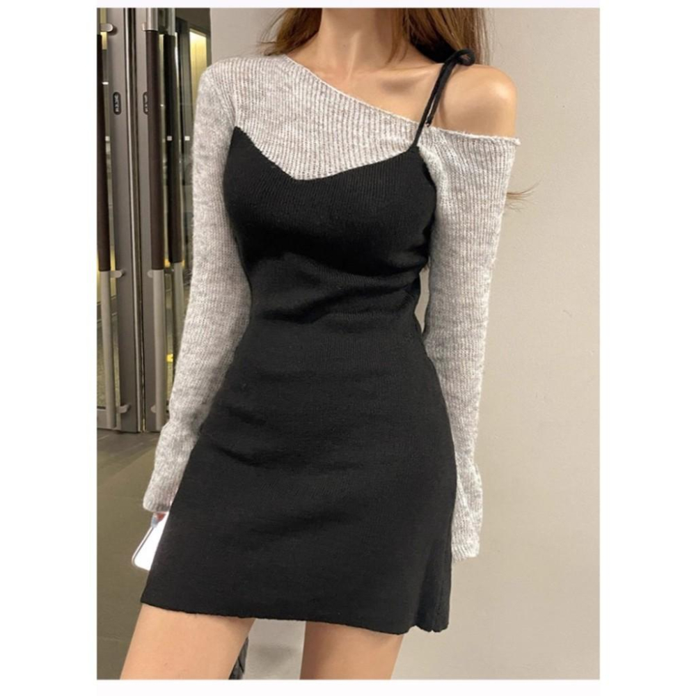 全新台灣現貨 甜辣風純欲辣妹毛衣黑色針織包臀裙高級感假兩件洋裝-細節圖5