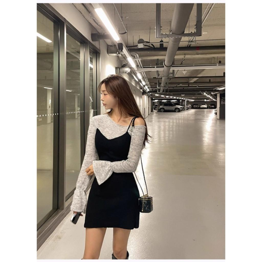 全新台灣現貨 甜辣風純欲辣妹毛衣黑色針織包臀裙高級感假兩件洋裝-細節圖7