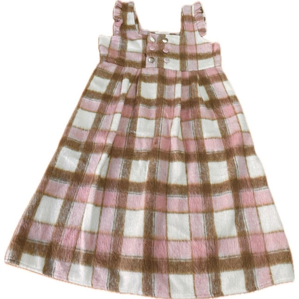 全新台灣現貨 法式溫柔奶甜格紋小飛袖背帶連身裙 學院風小個子氣質背心洋裝-細節圖6