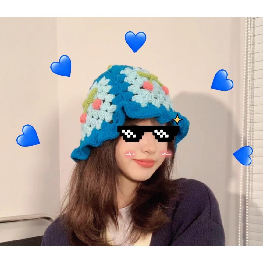 全新台灣現貨 顯臉小 ins鏤空毛線帽 日系編織花朵漁夫帽 手工編織毛線帽-細節圖2
