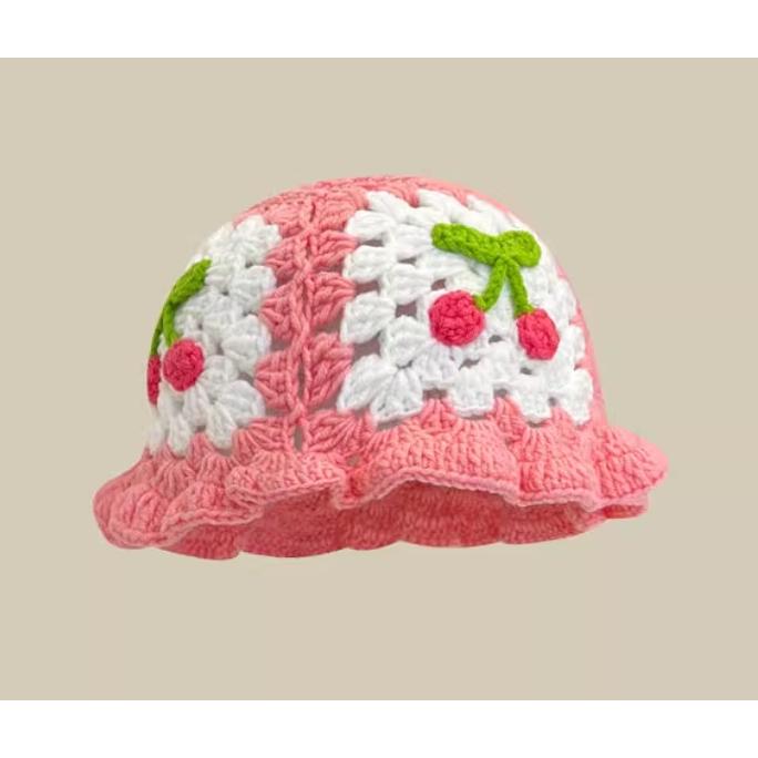 全新台灣現貨 顯臉小 ins鏤空毛線帽 日系編織花朵漁夫帽 手工編織毛線帽-細節圖3