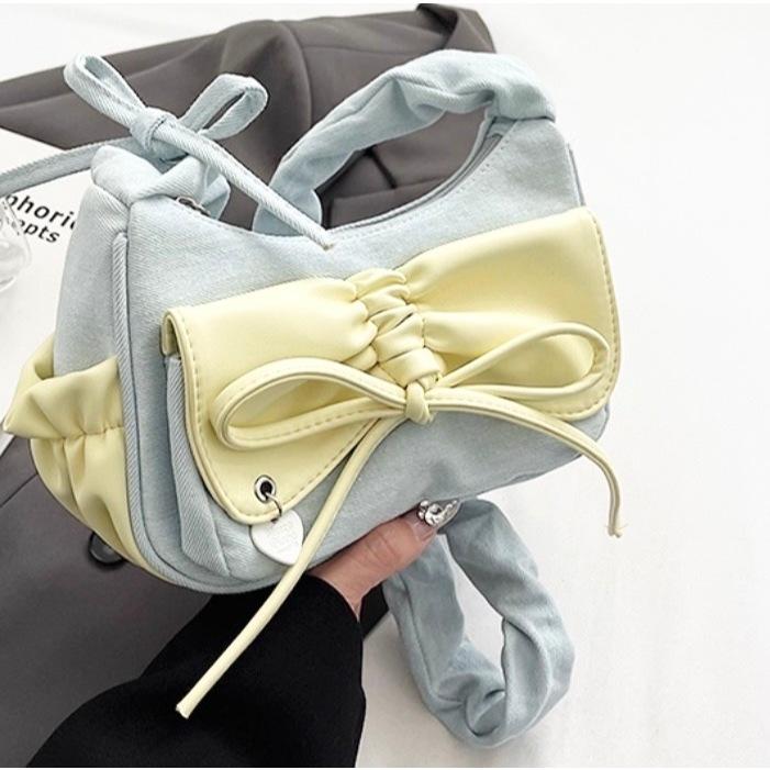 全新台灣現貨 夏天水藍色牛仔布蝴蝶结腋下包包 撞色小眾單肩斜挎包 微瑕-細節圖2