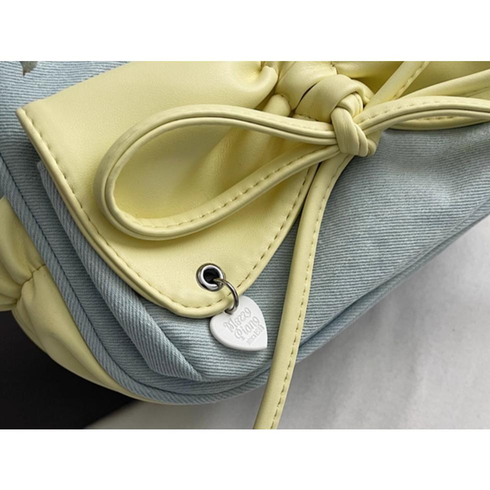 全新台灣現貨 夏天水藍色牛仔布蝴蝶结腋下包包 撞色小眾單肩斜挎包 微瑕-細節圖3