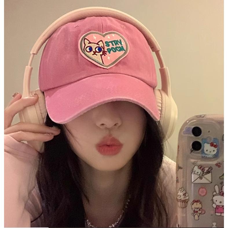 全新台灣現貨 古著粉紅愛心棒球帽 可愛貓咪帽子 顯臉小-細節圖4