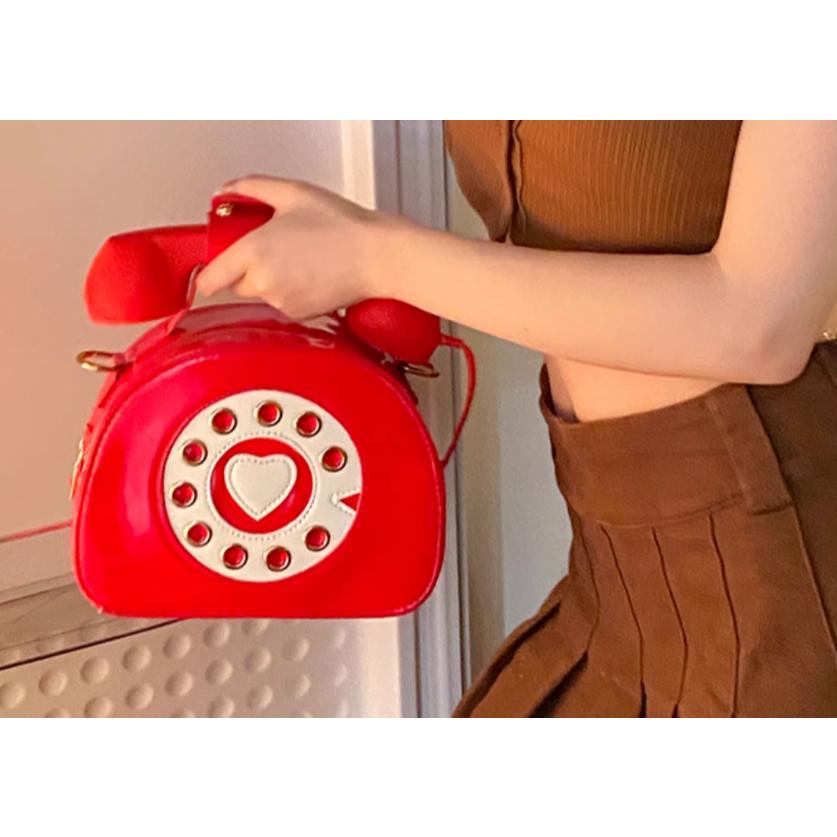 全新台灣現貨 少女搞怪創意個性時尚復古電話機亮面斜背包 拍照裝飾包-細節圖2