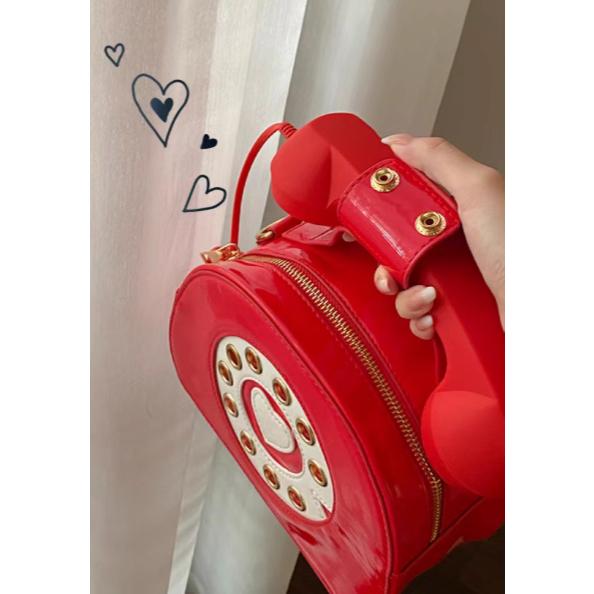 全新台灣現貨 少女搞怪創意個性時尚復古電話機亮面斜背包 拍照裝飾包-細節圖3