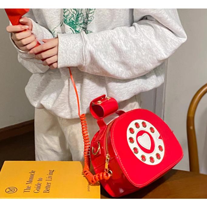 全新台灣現貨 少女搞怪創意個性時尚復古電話機亮面斜背包 拍照裝飾包-細節圖4