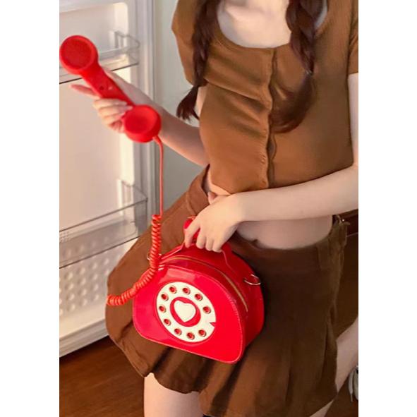 全新台灣現貨 少女搞怪創意個性時尚復古電話機亮面斜背包 拍照裝飾包-細節圖6