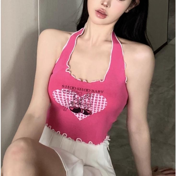 全新台灣現貨 純欲設計感甜辣妹掛脖木耳邊針織吊帶背心 內搭短版上衣-細節圖2