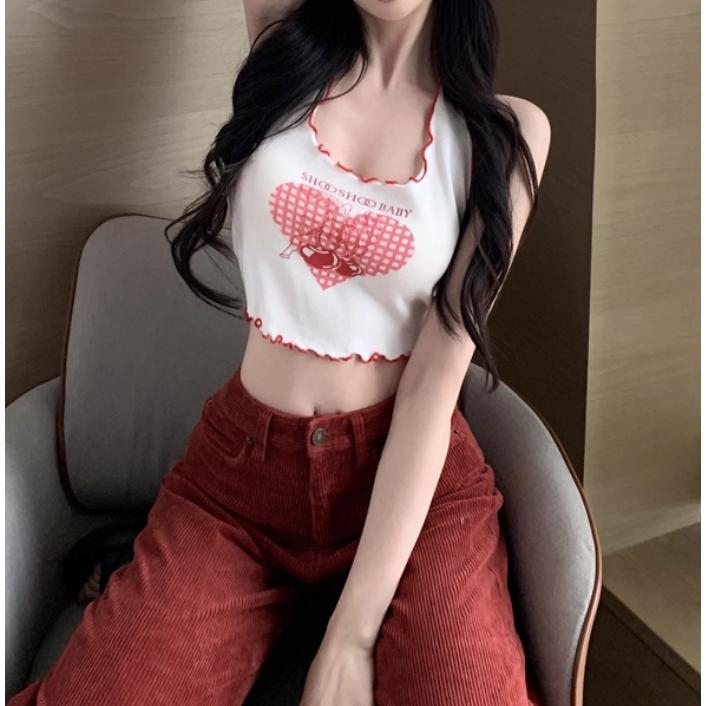 全新台灣現貨 純欲設計感甜辣妹掛脖木耳邊針織吊帶背心 內搭短版上衣-細節圖5