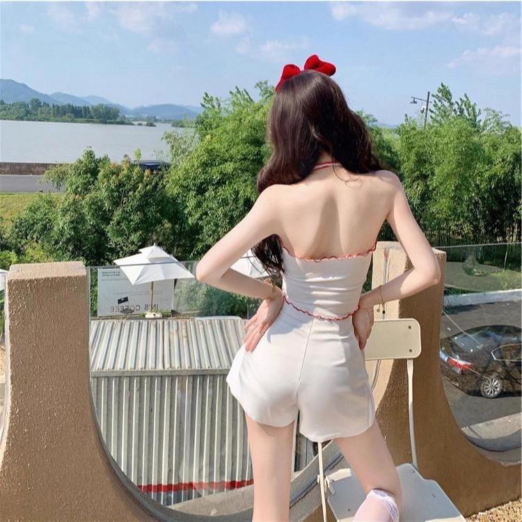 全新台灣現貨 純欲設計感甜辣妹掛脖木耳邊針織吊帶背心 內搭短版上衣-細節圖7