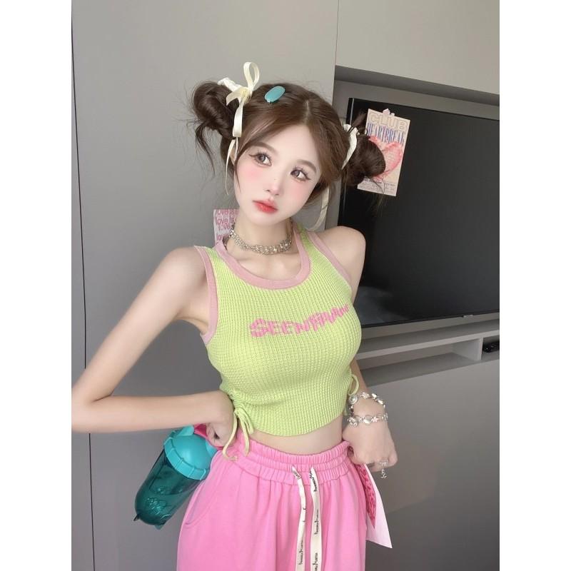 全新台灣現貨 多巴胺夏天甜美字母吊帶背心 速乾休閒五分褲-細節圖2