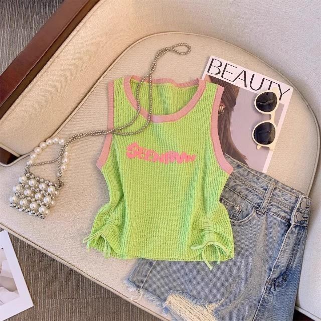 全新台灣現貨 多巴胺夏天甜美字母吊帶背心 速乾休閒五分褲-細節圖3