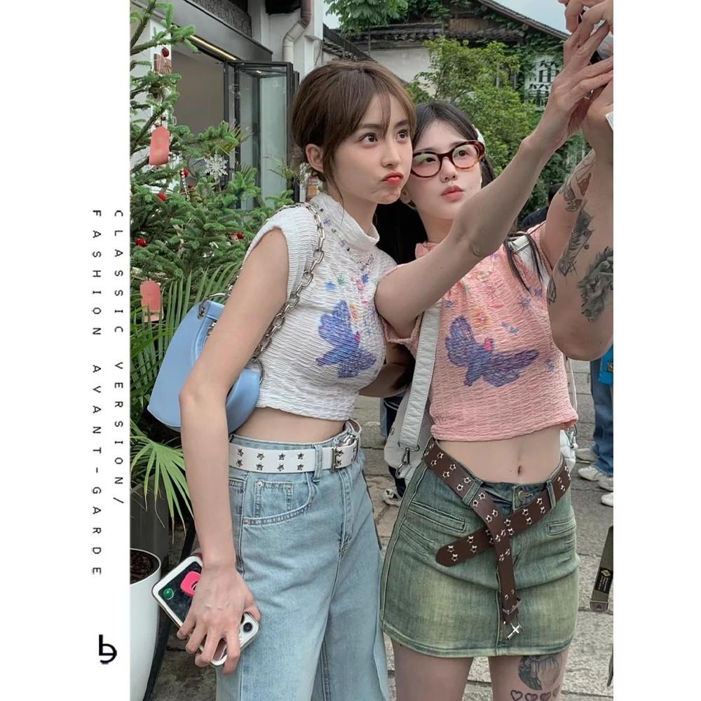 全新台灣現貨 辣妹多巴胺爵士舞蝴蝶塗鴉上衣 高領露腰-細節圖2