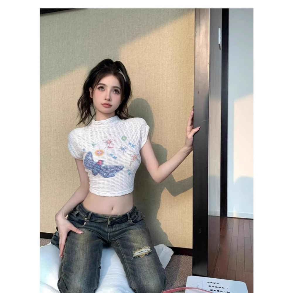 全新台灣現貨 辣妹多巴胺爵士舞蝴蝶塗鴉上衣 高領露腰-細節圖5