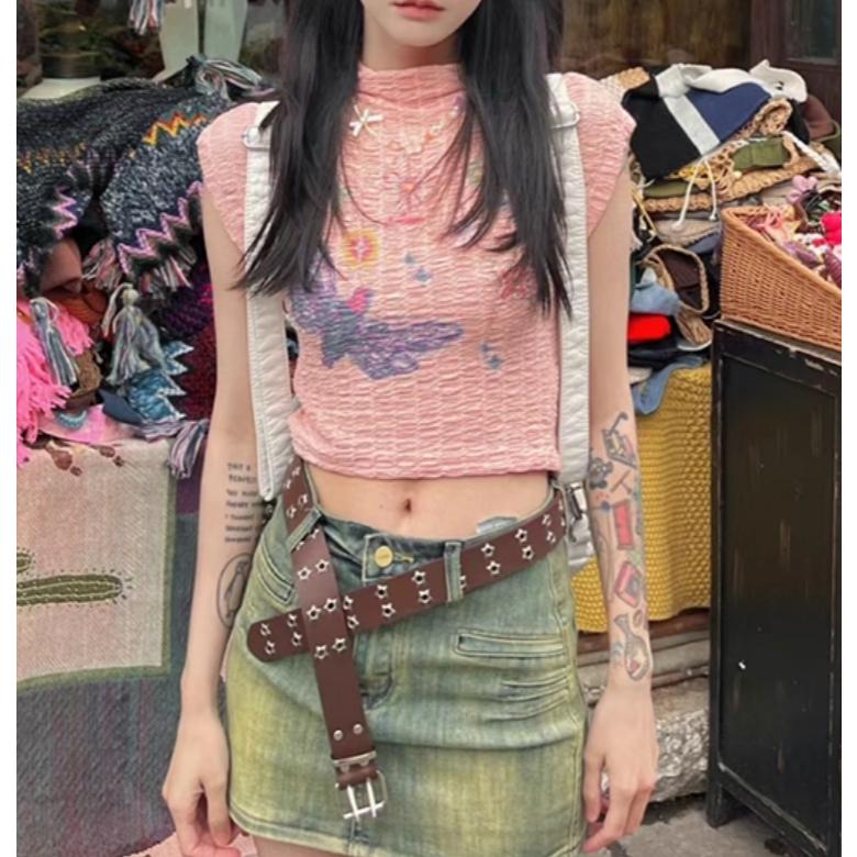 全新台灣現貨 辣妹多巴胺爵士舞蝴蝶塗鴉上衣 高領露腰-細節圖7