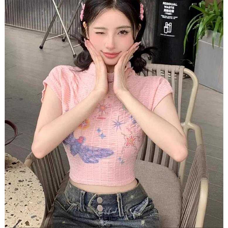 全新台灣現貨 辣妹多巴胺爵士舞蝴蝶塗鴉上衣 高領露腰-細節圖8