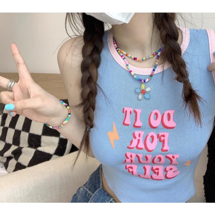 全新台灣現貨 美式復古甜辣妹修身顯瘦短版露臍背心 自帶胸墊免穿內衣-細節圖2