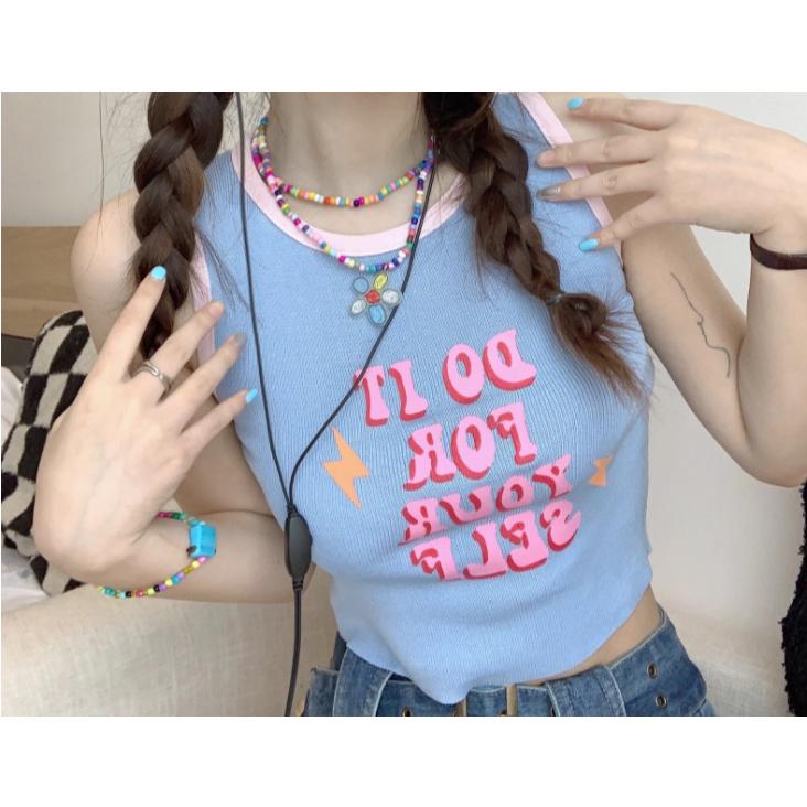 全新台灣現貨 美式復古甜辣妹修身顯瘦短版露臍背心 自帶胸墊免穿內衣-細節圖3