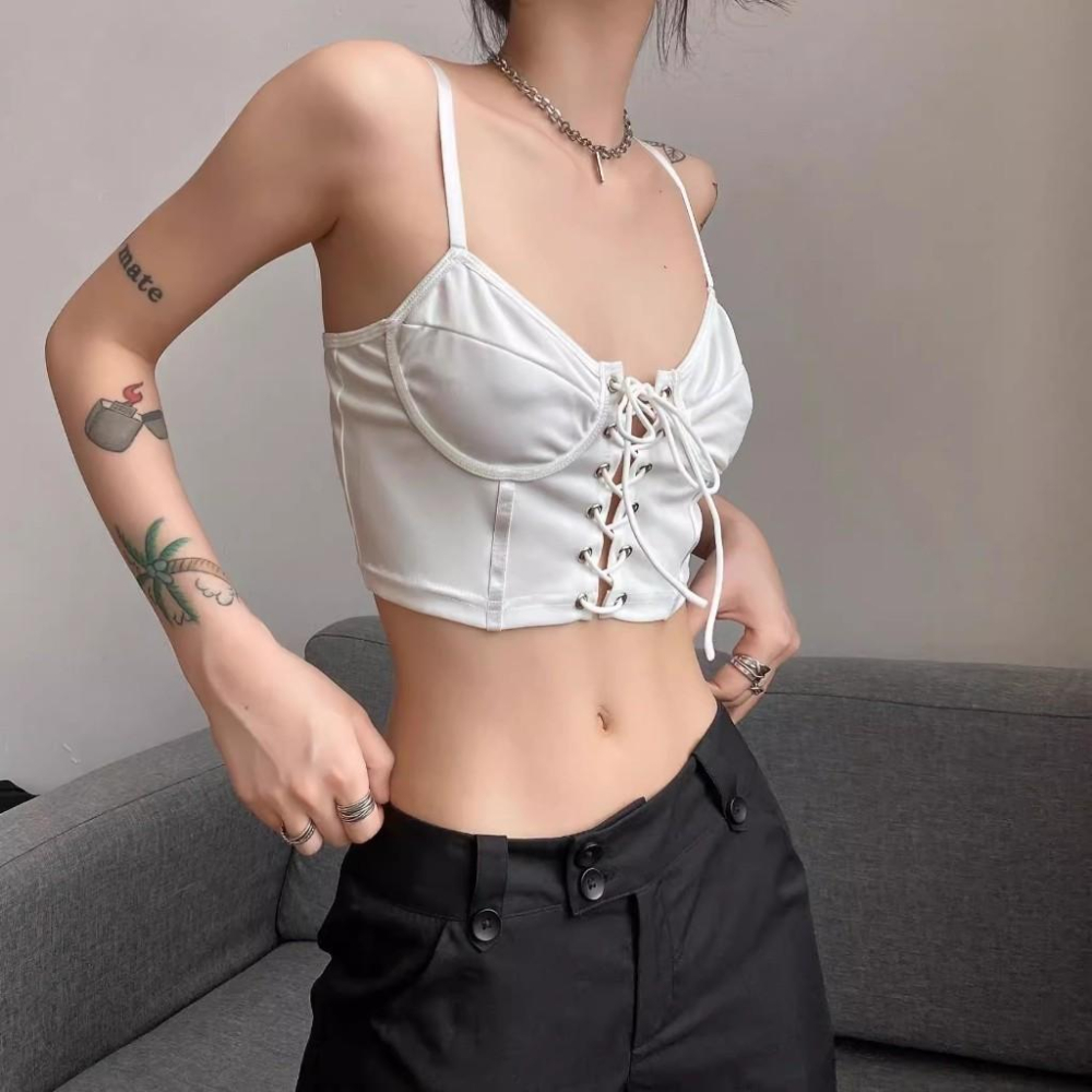 全新台灣現貨 歐美 辣妹小眾 純色吊帶上衣露背繫帶短版小背心-細節圖2