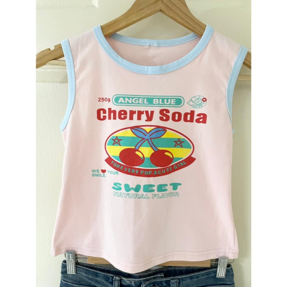 全新台灣現貨 美式辣妹撞色櫻桃印花短版背心 顯瘦A字百搭牛仔短裙-細節圖2