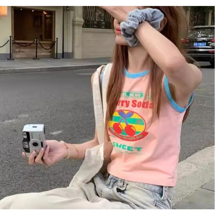 全新台灣現貨 美式辣妹撞色櫻桃印花短版背心 顯瘦A字百搭牛仔短裙-細節圖3