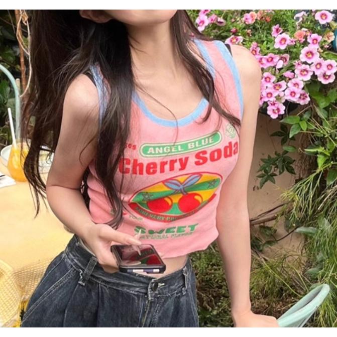 全新台灣現貨 美式辣妹撞色櫻桃印花短版背心 顯瘦A字百搭牛仔短裙-細節圖4