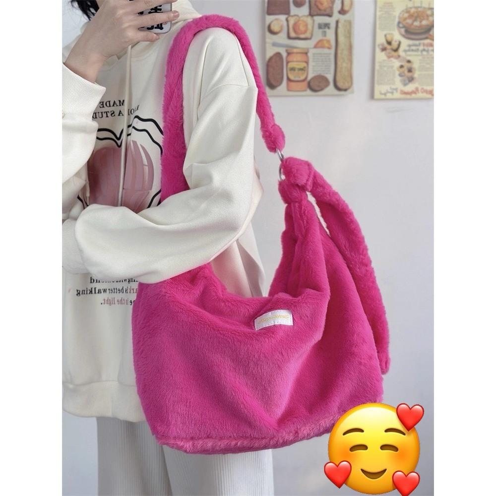 全新台灣現貨 純色百搭軟毛絨斜背包 少女學生大容量單肩包-細節圖8