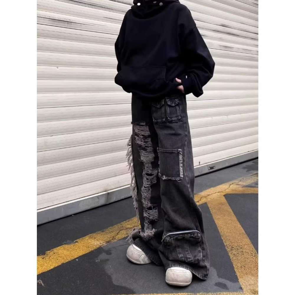全新台灣現貨 美式復古破洞多口袋工裝牛仔褲 破壞感寬鬆直筒闊腿褲潮 男女皆可穿-細節圖2