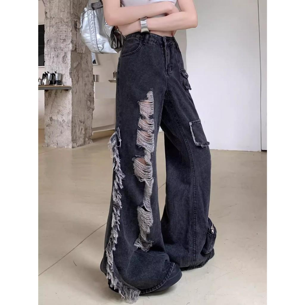 全新台灣現貨 美式復古破洞多口袋工裝牛仔褲 破壞感寬鬆直筒闊腿褲潮 男女皆可穿-細節圖4