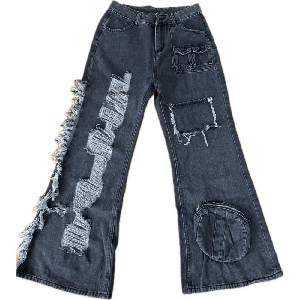 全新台灣現貨 美式復古破洞多口袋工裝牛仔褲 破壞感寬鬆直筒闊腿褲潮 男女皆可穿-細節圖6