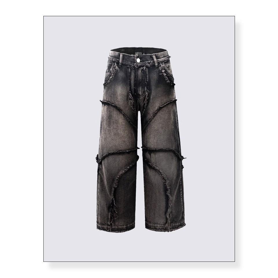 全新台灣現貨 美式解構重工水洗做舊牛仔褲 直筒寬鬆流蘇闊腿拖地長褲 男女皆可穿-細節圖2