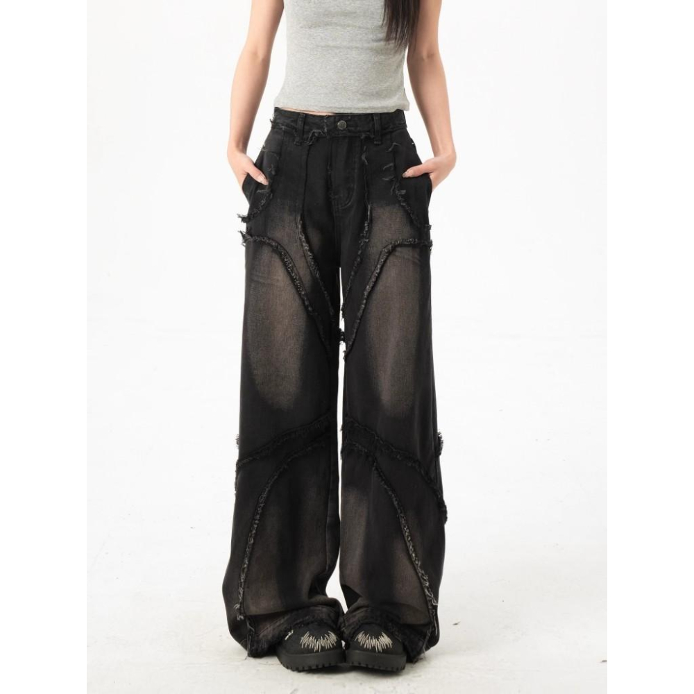 全新台灣現貨 美式解構重工水洗做舊牛仔褲 直筒寬鬆流蘇闊腿拖地長褲 男女皆可穿-細節圖3